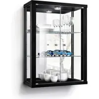 K-Möbel Vitrinekast hangend met 2 deuren, 2 in hoogte verstelbare glasplanken & spiegel - Vitrinekast met led verlichting - 80x60x25 cm - Zwart