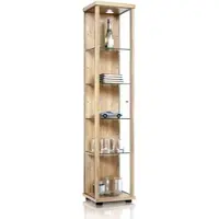 K-Möbel Vitrinekast met glas staand met 1 deur, 4 in hoogte verstelbare glasplanken - Vitrinekast met led verlichting - 176x37x33 cm - Beukenhoutkleur