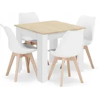 Leobert Eettafelset NP 80x80 Eiken Sonoma Kleur met Witte Poten + 4 Stoelen MARK Wit met Beukenhouten Poten, Modern Design, Geschikt voor Keuken, Eetkamer en Woonkamer