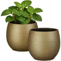 Mica Decorations Plantenpot - 2x - keramiek - goud glans / ribbels - D13 x H14 cm - bloempot Porto