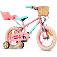 Sun baby Kinderfiets 14 Inch LOVEL Fiets voor Meisje 3-5 Jaar, Max 50 kg - poppenstoeltje, zijwieltjes, mandje, bel, kettingkast - Roze-Muntgroen
