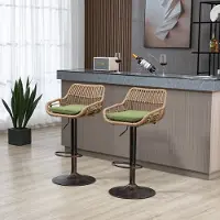 HAUSS SPOLE Barkruk – Draaibare Verstelbare Barstoel Set Van 2 – Met Rugleuning – Verstelbaar 65-85 cm & 360° Draaibaar – Geweven Rugleuning – Linnen Groen