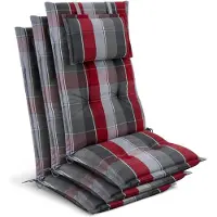 Beautissu Tuinkussen Hoge Rug Zitkussen 120x50cm HighLux HL – Set van 3 Stoelkussens voor Tuinstoelen 7cm dik Grijs-Rood-Lichtblauw Geruit – Made in EU