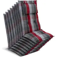 Beautissu Tuinkussen Hoge Rug Zitkussen 120x50cm HighLux HL – Set van 8 Stoelkussens voor Tuinstoelen 7cm dik Grijs-Rood-Lichtblauw Geruit – Made in EU