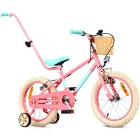 Sun baby Kinderfiets 16 Inch LOVEL Fiets voor Meisje 4-6 Jaar, Max 50 kg - zijwieltjes, mandje, bel, kettingkast, duwstang - Roze-Muntgroen