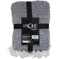 Unique living Plaid - Diamond - Donker Blauw - Wit - met tassels - 130 x 190 cm