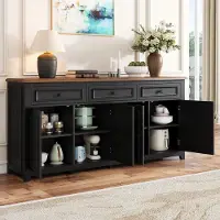 OKWISH Dressoir – Modern Minimalistisch – Flexibele Opbergruimte Voor Woonkamer, Slaapkamer En Hal – 160x35x76 cm – 4 deuren, 3 lades – MDF Zwart