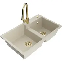 Mexen Tomas granieten gootsteen met 2 kamers en keukenmengkraan Elia, beige - 6516-69-670101-50