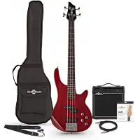 Gear4Music 3/4 Chicago Bass Guitar Trans Red 15W Bass Amp & Accessory Pack