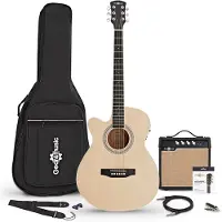 Gear4Music Single Cutaway Left Handed Electro Acoustic Guitar Natural 15W Acoustic Amp & Accessory Pack