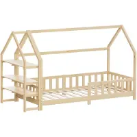 ML-Design Kinderbed Huisbed 90x200 cm van natuurlijk dennenhout met uitvalbeschermend schapdak en lattenbodem houten bed