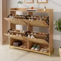 HAUSS SPOLE Schoenenkast – Compacte Verticale Schoenenopberger Met 4 Deuren En Bovenplank – Metalen Frame – MDF Hout – 108,5x24x100 cm – Houtkleur