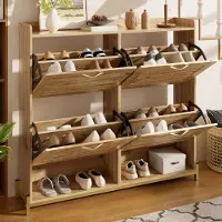 HAUSS SPOLE Schoenenkast - Compact Schoenenmeubel Met Houten Lamellen Deuren - 4 Deuren Voor Smalle Hal En Entree - MDF - 108,5x24x100 cm - Houtkleur
