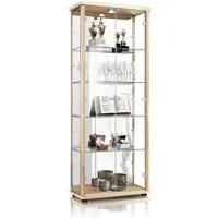K-Möbel Vitrinekast met glas staand met 2 deuren, 4 in hoogte verstelbare glasplanken, spiegel & slot - Vitrinekast met led verlichting - 176x67x33 cm - Beukenhoutkleur