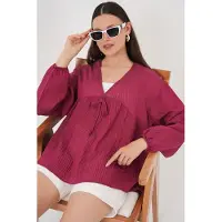 Big Dart Gestructureerde Seersucker V-hals Blouse met Strikje