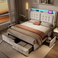 HAUSS SPOLE Gestoffeerd Bed 140x200 cm - Met LED Hoofdbord en USB C - 4 Laden en Opbergvakken - Zonder Matras - Beige