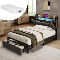 HAUSS SPOLE Gestoffeerd Bed 90x200 cm - Eenpersoonsbed Met USB C, Led en Opbergruimte - Met Lade - Met Matras - Grijs