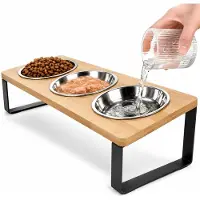 BOTC Voerbak voor Kleine Honden en Katten - met 3 RVS bakken - 43 x 16 x 11 cm - 15° gekantelde verhoogde Standaard - Houten