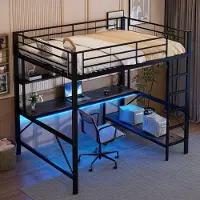 HAUSS SPOLE Hoogslaper 140x200cm - Met Bureau, Kast, USB en Stopcontact - Met LED Verlichting - Zonder Matras - Metaal - Zwart