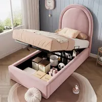 HAUSS SPOLE Kinderbed 90x190 cm - Gestoffeerd Bed Met Opbergruimte En Lattenbodem - Zonder Matras - Fluweel - Roze
