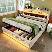 HAUSS SPOLE Gestoffeerd Bed 180x200 cm - Met LED, USB en USB C - Hydraulische Opbergruimte - Zonder Matras - Linnen - Beige