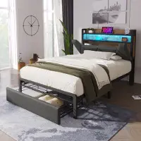 HAUSS SPOLE Gestoffeerd Bed 90x200 cm - Met USB C En LED - Opberg Hoofdbord En Lade - Zonder Matras - Linnen - Grijs