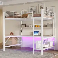 HAUSS SPOLE Hoogslaper 140x200 cm - Met Bureau, Opbergrek, USB En Stopcontact - Met LED - Zonder Matras - Metaal - Wit