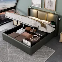 HAUSS SPOLE Gestoffeerd Bed 160x200 cm - Tweepersoonsbed Met Leeslamp En USB - Met Opbergruimte - Zonder Matras - PU - Grijs
