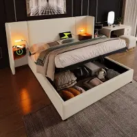 HAUSS SPOLE Gestoffeerd Bed 160x200 cm - Met USB C, Leeslamp en Opbergruimte - Zonder Matras - Linnen - Beige