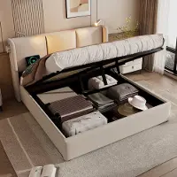HAUSS SPOLE Gestoffeerd Bed 140x200 cm - Met Leeslamp En USB Laadfunctie - Met Opbergruimte - Zonder Matras - Linnen - Beige