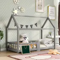 HAUSS SPOLE Huisbed 90x200 cm - Kinderbed Met Tafel en Uitvalbeveiliging - Zonder Matras - Massief Hout - Grijs