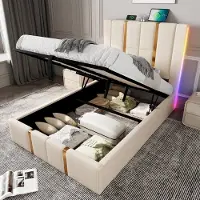 HAUSS SPOLE Gestoffeerd Bed 90x200 cm - Met USB C en Ledverlichting - Met Opbergruimte - Zonder Matras - Linnen - Beige