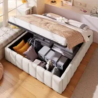 HAUSS SPOLE Gestoffeerd Bed 140x200 cm - Zonder Hoofdbord Met Hydraulische Opbergruimte - Zonder Matras - Linnen - Beige
