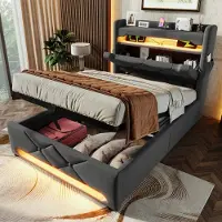 HAUSS SPOLE Gestoffeerd Bed 90x200 cm - Met LED, USB en Type C - Met Opbergruimte - Zonder Matras - Linnen - Grijs