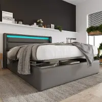 HAUSS SPOLE Opbergbed 160x200 cm - Gestoffeerd Bed Met LED En Hydraulische Opbergruimte - Met Matras - PU - Grijs
