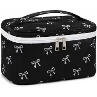 HEM Toilettas Zwart met Strikjespatroon – Make-up Tas – Cosmeticatas – Toilettasje Dames – Travel Organizer – 23x16x6 cm – Inclusief Microvezeldoekje