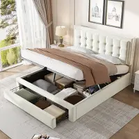 HAUSS SPOLE Gestoffeerd Bed 140x190 cm - Met Opbergruimte En 2 Laden - Verstelbaar Hoofdbord - Zonder Matras - Fluweel - Beige