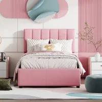 HAUSS SPOLE Kinderbed 90x200 cm - Gestoffeerd Bed Met Hydraulische Opbergruimte - Zonder Matras - Verstelbaar Hoofdbord - Roze