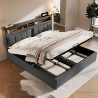 HAUSS SPOLE Gestoffeerd Bed 160x200 cm - Met USB C En Stopcontacten, Opbergruimte - Verstelbaar Hoofdbord - Linnen - Grijs - Zonder Matras