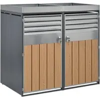 OKWISH Afvalbakombouw – Met Plantenbak En Slot – 2 Vakken – Verzinkt Staal – Grijs Houtlook – Voor Tuin En Oprit