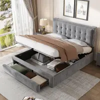 HAUSS SPOLE Gestoffeerd Bed 140x190 cm - Opbergbed Met 2 Laden En Verstelbaar Hoofdbord - Zonder Matras - Fluweel - Grijs