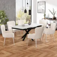 OKWISH Eetkamerstoel Set Van 6 - Met Armleuningen En Lendensteun - Fluweel En Metalen Poten - Beige