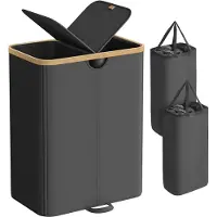 Songmics - Wasmand - Wasbox met 2 Vakken - Uitneembare Waszakken - Met Deksel voor Slaapkamer Wasruimte
