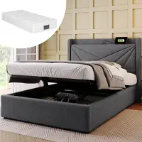 HAUSS SPOLE Gestoffeerd Bed 90x200 cm - Eenpersoonsbed Met USB en USB C - Met Opbergruimte - Met Matras - Katoenlinnen - Grijs