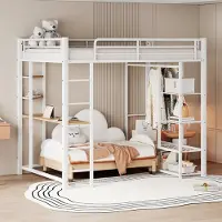HAUSS SPOLE Metalen Hoogslaper 140x200 cm - Met Bureau, Rekken En Kledingstang - Ruimtebesparend - Zonder Matras - Wit