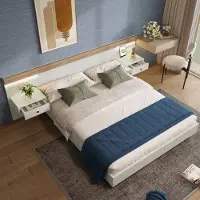 HAUSS SPOLE Tweepersoonsbed 160x200 cm - Met 2 Led Nachtkastjes en USB C Oplaadpunt - Zonder Matras - Hout - Wit Eiken