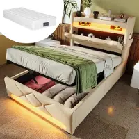 HAUSS SPOLE Gestoffeerd Bed 90x200 cm - Met Matras, LED, USB-C en Opbergruimte - Eenpersoonsbed Van Linnen - Beige