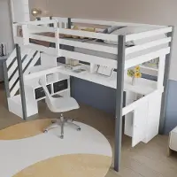 HAUSS SPOLE Halfhoogslaper 90x200 cm - Met Bureau, Trapkast en Opbergruimte - Zonder Matras - Hout en MDF - Wit Grijs