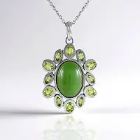 Cavill - Zilveren Halsketting 925 Sterling Platina - 6,664 ct Ovale Canadese Jade & 1,57 ct Peridot - Elegante Groene Cabochon Hanger