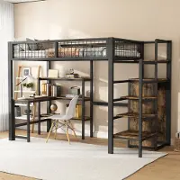 HAUSS SPOLE Hoogslaper 90x200 cm - Met Bureau, Planken En Kast - Ruimtebesparend - Zonder Matras - Metaal En MDF - Zwart